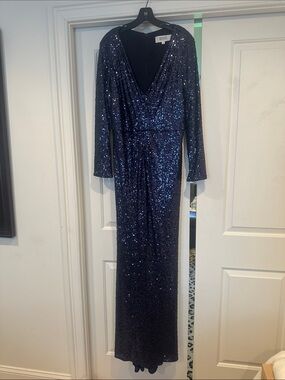 Badgley Mischka Navy Sequin V-Neck Long-Sleeve Gown